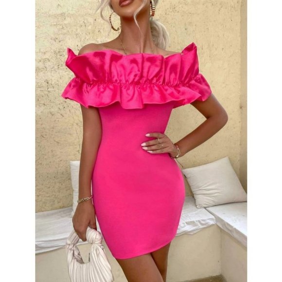 Pink Statement Ruffle Detail of the shoulder Bodycon Mini Dress - Picture 11 of 11